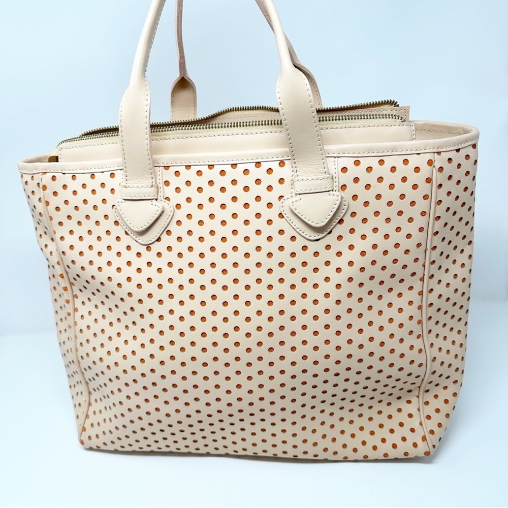 Leather Alberta Di Canio Italian Tote Bag Natural Tone Perforated Orange Detail - Picture 8 of 8